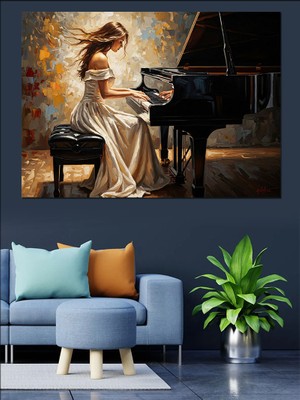 Karizma Tablo Piyano Çalan Beyaz Elbiseli Kadın Dekoratif Kanvas - Mdf Ahşap Tablo