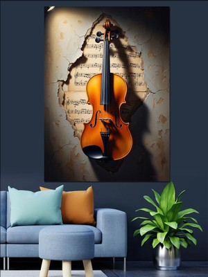 Karizma Tablo Nota Kağıdı Önünde Klasik Keman Dekoratif Kanvas - Mdf Ahşap Tablo