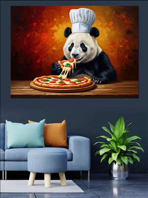 Karizma Tablo Pizza Yiyen Şef Önlüklü Panda Dekoratif Kanvas - Mdf Ahşap Tablo