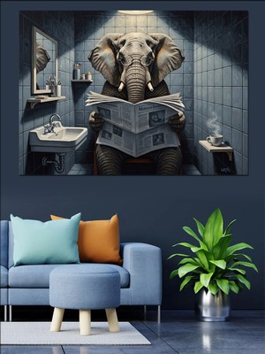 Karizma Tablo Tuvalette Gazete Okuyan Dev Fil Dekoratif Kanvas - Mdf Ahşap Tablo