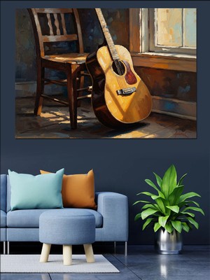 Karizma Tablo Pencere Kenarında Yaslanmış Klasik Gitar Dekoratif Kanvas - Mdf Ahşap Tablo