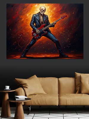 Karizma Tablo Elektro Gitar Çalan Işıklı Iskelet Dekoratif Kanvas - Mdf Ahşap Tablo