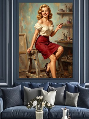 Karizma Tablo Kafe Ortamında Vintage Pin-Up Kadın Dekoratif Kanvas - Mdf Ahşap Tablo