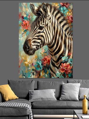 Karizma Tablo Çiçekler Arasında Gülümseyen Zebra Portresi Dekoratif Kanvas - Mdf Ahşap Tablo