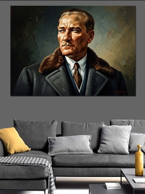 Karizma Tablo Palto ve Kürk Giymiş Atatürk Portresi Dekoratif Kanvas - Mdf Ahşap Tablo