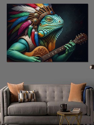 Karizma Tablo Gitar Çalan Yerli Bukalemun Tablosu Dekoratif Kanvas - Mdf Ahşap Tablo
