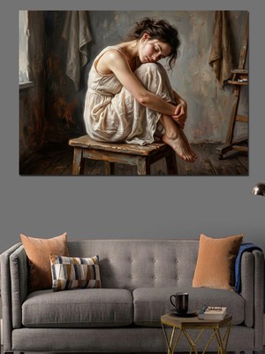 Karizma Tablo Taburede Oturan Hüzünlü Kadın Portresi Dekoratif Kanvas - Mdf Ahşap Tablo