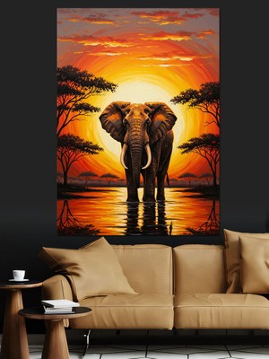 Karizma Tablo Gün Batımında Su Içen Fil Dekoratif Kanvas - Mdf Ahşap Tablo