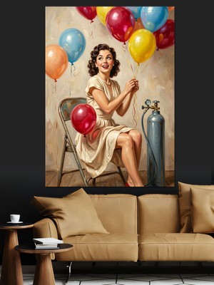 Karizma Tablo Balonlarla Oturan Vintage Pin-Up Kadın Dekoratif Kanvas - Mdf Ahşap Tablo