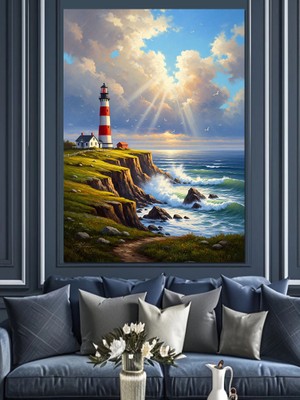 Karizma Tablo Deniz Kenarında Işıklı Deniz Feneri Dekoratif Kanvas - Mdf Ahşap Tablo