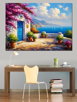 Karizma Tablo Çiçekli Bahçede Beyaz Köy Evi Dekoratif Kanvas - Mdf Ahşap Tablo