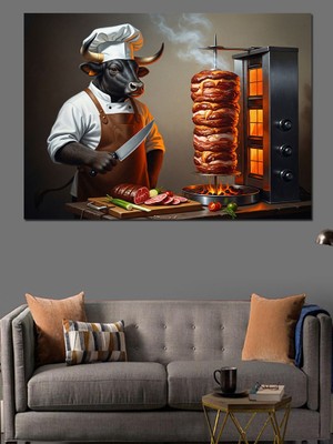 Karizma Tablo Mutfakta Döner Hazırlayan Boğa Şef Dekoratif Kanvas - Mdf Ahşap Tablo