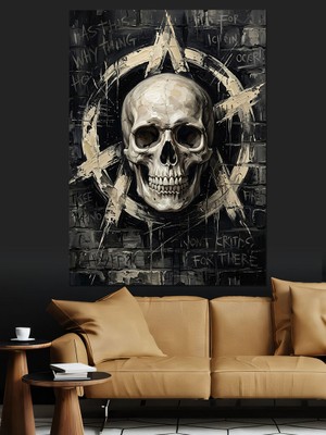 Karizma Tablo Çember Içinde Modern Kurukafa Sembolü Dekoratif Kanvas - Mdf Ahşap Tablo