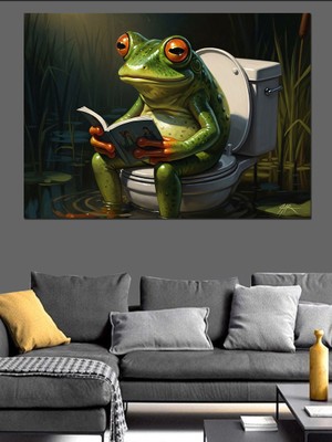 Karizma Tablo Tuvalette Gazete Okuyan Komik Kurbağa Dekoratif Kanvas - Mdf Ahşap Tablo