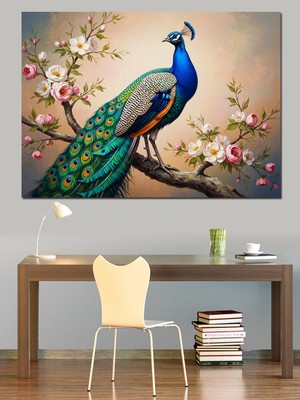 Karizma Tablo Çiçekli Dalda Görkemli Renkli Tavuskuşu Dekoratif Kanvas - Mdf Ahşap Tablo