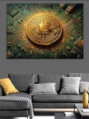 Karizma Tablo Devre Kartı Üzerinde Bitcoin Logosu Dekoratif Kanvas - Mdf Ahşap Tablo