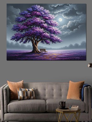 Karizma Tablo Gece Vakti Büyük Mor Ağaç Dekoratif Kanvas - Mdf Ahşap Tablo