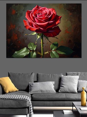 Karizma Tablo Tek Dal Kırmızı Gül Portresi Dekoratif Kanvas - Mdf Ahşap Tablo