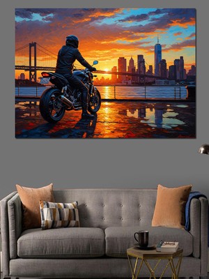 Karizma Tablo Şehir Manzaralı Motosiklet Sürücüsü Silüeti Dekoratif Kanvas - Mdf Ahşap Tablo