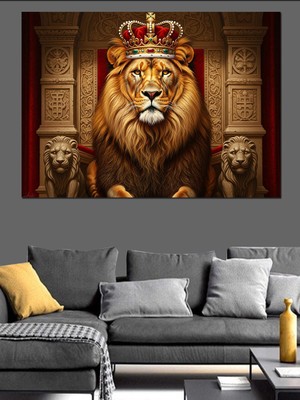 Karizma Tablo Tahtta Oturan Aslan Kral Portresi Dekoratif Kanvas - Mdf Ahşap Tablo