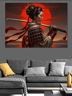 Karizma Tablo Kılıç Tutan Savaşçı Japon Kadın Dekoratif Kanvas - Mdf Ahşap Tablo