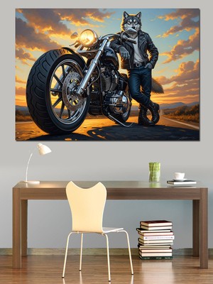 Karizma Tablo Motosikletiyle Poz Veren Kurt Adam Dekoratif Kanvas - Mdf Ahşap Tablo