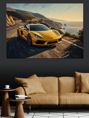 Karizma Tablo Sahil Yolunda Sarı Spor Araba Dekoratif Kanvas - Mdf Ahşap Tablo