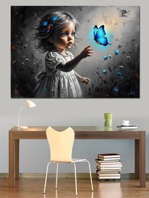 Karizma Tablo Mavi Kelebek Tutan Küçük Kız Dekoratif Kanvas - Mdf Ahşap Tablo