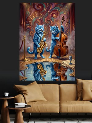 Karizma Tablo Enstrüman Çalan Mavi Kediler Tablosu Dekoratif Kanvas - Mdf Ahşap Tablo