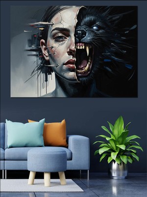 Karizma Tablo Yarı Insan Yarı Kurt Silüeti Dekoratif Kanvas - Mdf Ahşap Tablo