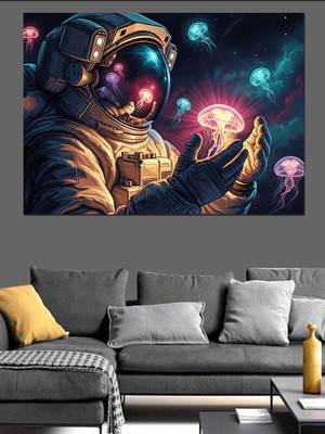 Karizma Tablo Uzayda Denizanası Tutan Astronot Soyut Dekoratif Kanvas - Mdf Ahşap Tablo
