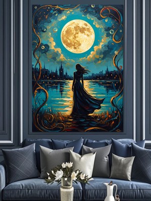 Karizma Tablo Gece Nehir Kenarında Yalnız Kadın Dekoratif Kanvas - Mdf Ahşap Tablo
