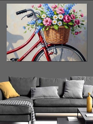Karizma Tablo Çiçek Sepetli Kırmızı Nostaljik Bisiklet Dekoratif Kanvas - Mdf Ahşap Tablo