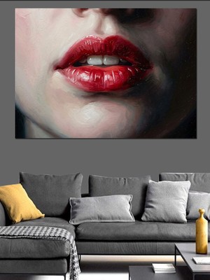 Karizma Tablo Kırmızı Rujlu Kadın Dudak Detayı Dekoratif Kanvas - Mdf Ahşap Tablo