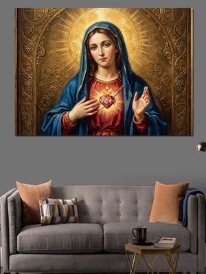 Karizma Tablo Kalbi Işıldayan Meryem Ana Portresi Dekoratif Kanvas - Mdf Ahşap Tablo