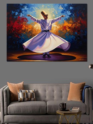 Karizma Tablo Sahnede Dönen Mevlevi Semazen Tablosu Dekoratif Kanvas - Mdf Ahşap Tablo