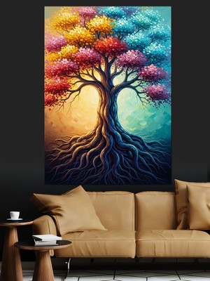 Karizma Tablo Rengarenk Yapraklı Hayat Ağacı Sembolü Dekoratif Kanvas - Mdf Ahşap Tablo