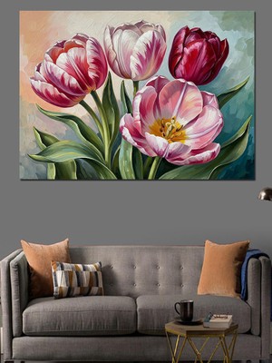 Karizma Tablo Vazoda Renkli Taze Lale Buketi Dekoratif Kanvas - Mdf Ahşap Tablo