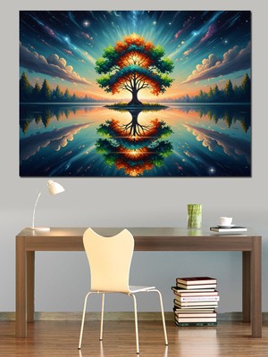 Karizma Tablo Suyun Yüzeyinde Simetrik Hayat Ağacı Dekoratif Kanvas - Mdf Ahşap Tablo