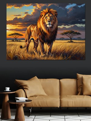 Karizma Tablo Gün Batımında Savanada Yürüyen Aslan Dekoratif Kanvas - Mdf Ahşap Tablo