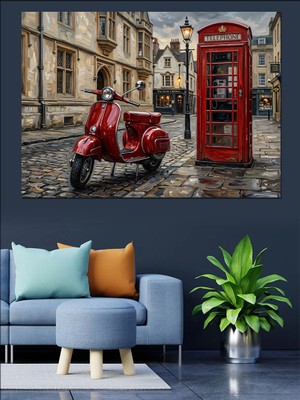 Karizma Tablo Kırmızı Scooter ve Ingiliz Kulübesi Dekoratif Kanvas - Mdf Ahşap Tablo