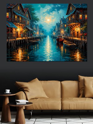 Karizma Tablo Gece Işıklarıyla Aydınlanmış Eski Kasaba Dekoratif Kanvas - Mdf Ahşap Tablo