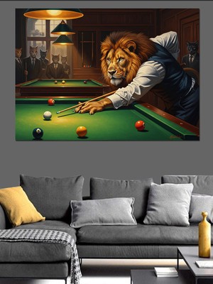 Karizma Tablo Bilardo Oynayan Yelekli Aslan Figürü Dekoratif Kanvas - Mdf Ahşap Tablo