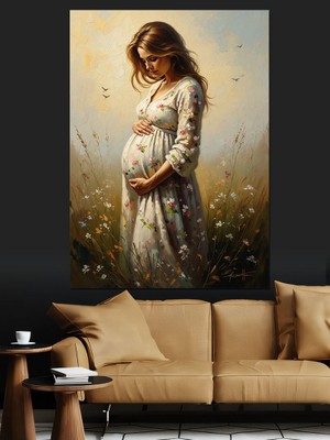 Karizma Tablo Çiçek Tarlasında Hamile Kadın Portresi Dekoratif Kanvas - Mdf Ahşap Tablo