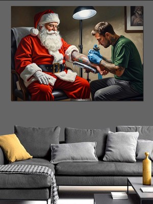 Karizma Tablo Noel Baba Dövme Yaparken Görseli Dekoratif Kanvas - Mdf Ahşap Tablo