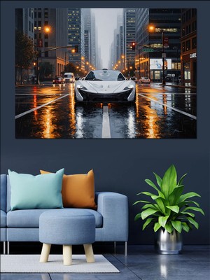 Karizma Tablo Yağmurlu Şehirde Modern Beyaz Araba Dekoratif Kanvas - Mdf Ahşap Tablo