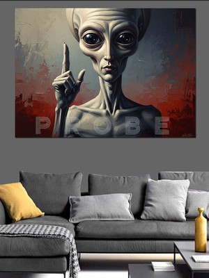 Karizma Tablo Sus Işareti Yapan Uzaylı Figürü Dekoratif Kanvas - Mdf Ahşap Tablo