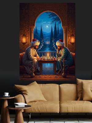 Karizma Tablo Tarihi Mimari Içinde Satranç Oynayanlar Dekoratif Kanvas - Mdf Ahşap Tablo