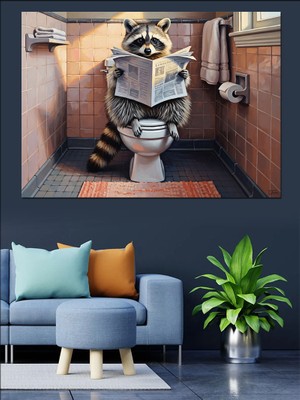 Karizma Tablo Gazete Okuyan Rakun Banyo Tablosu Dekoratif Kanvas - Mdf Ahşap Tablo