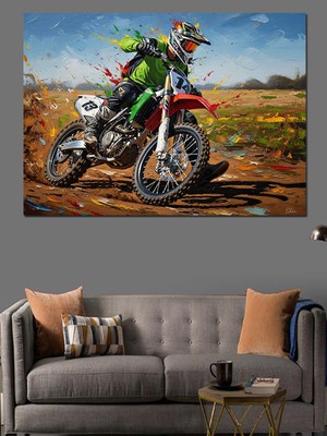 Karizma Tablo Çamurlu Yolda Motokros Yarışçısı Dekoratif Kanvas - Mdf Ahşap Tablo